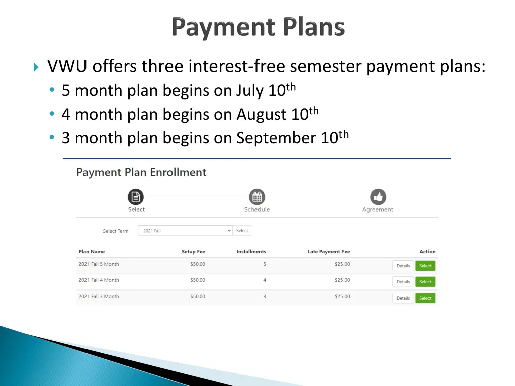 vwu offers three interest free semester payment