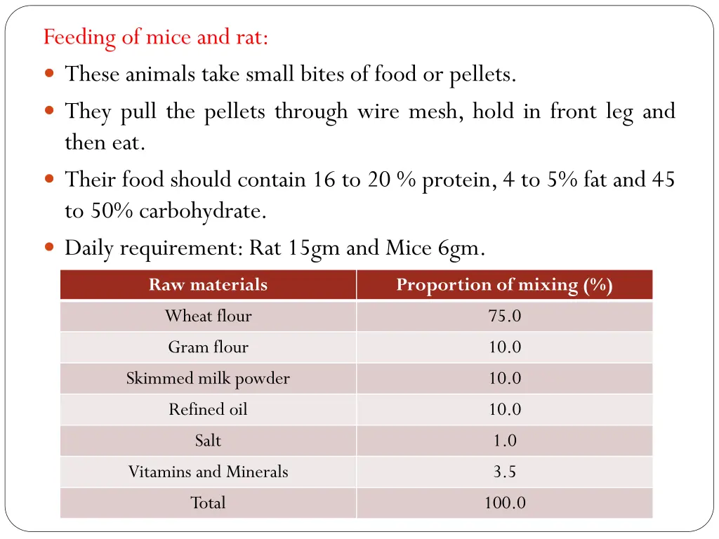 feeding of mice and rat these animals take small