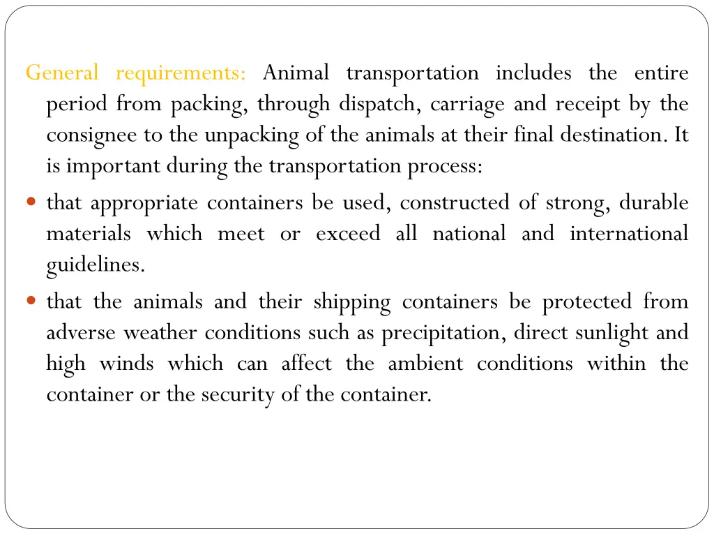 general requirements animal transportation