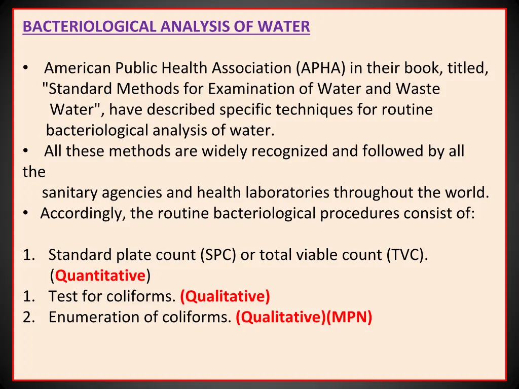 bacteriological analysis of water