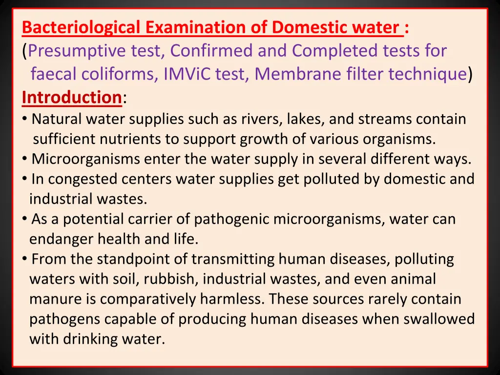 bacteriological examination of domestic water