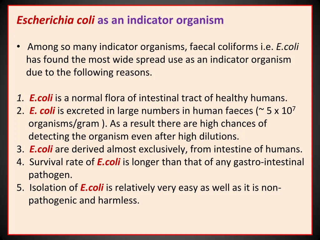 escherichia coli as an indicator organism