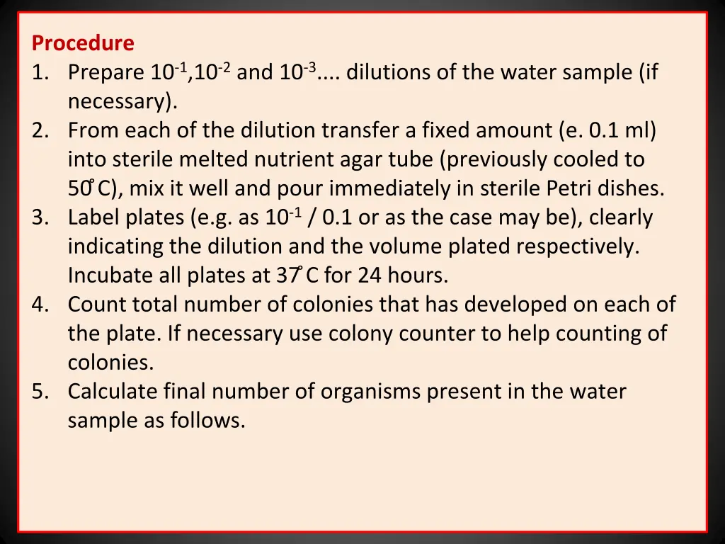 procedure 1 prepare 10 1 10 2 and 10 3 dilutions