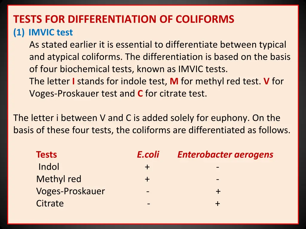 tests for differentiation of coliforms 1 imvic