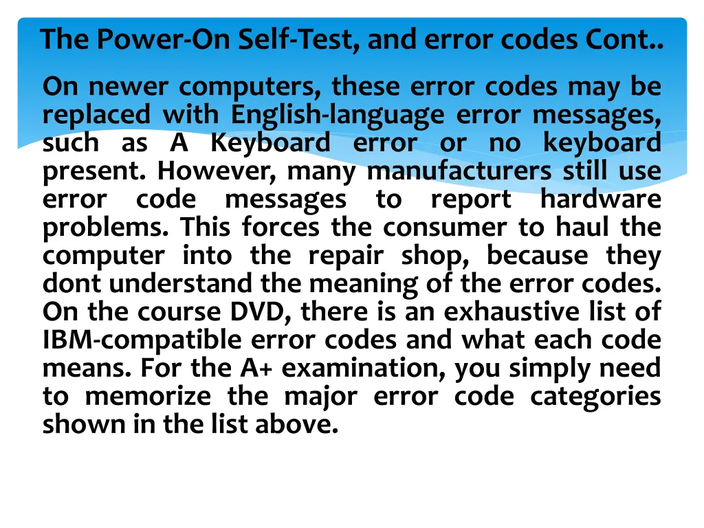 the power on self test and error codes cont 1