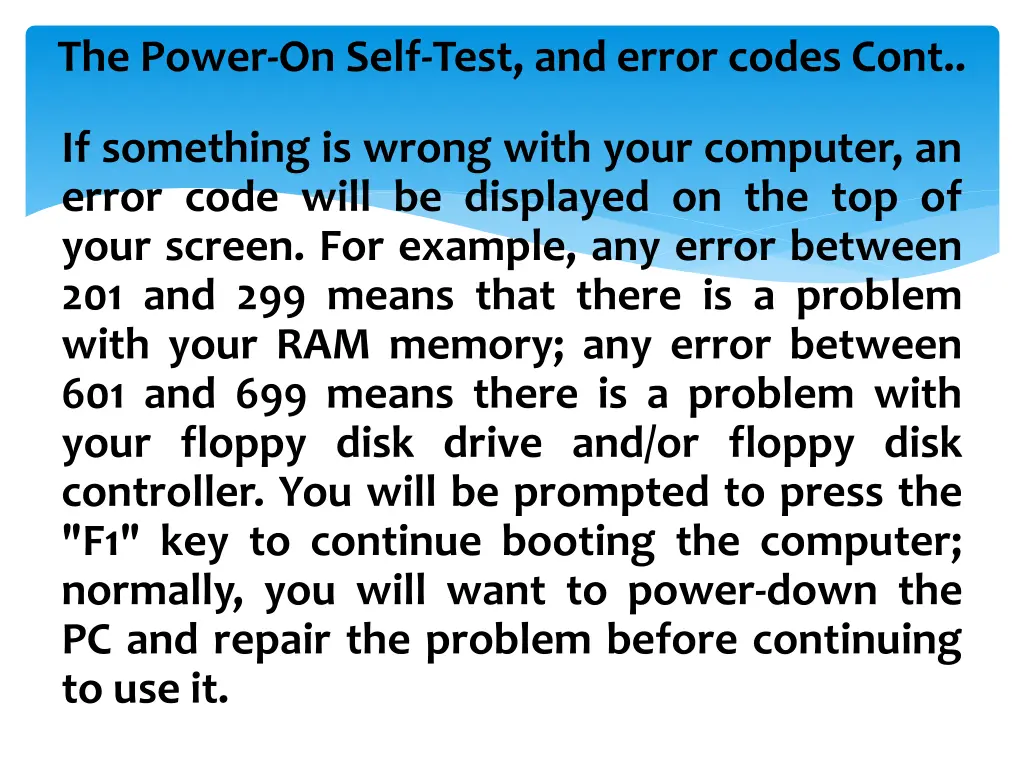 the power on self test and error codes cont