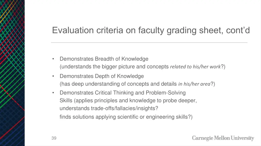 evaluation criteria on faculty grading sheet cont