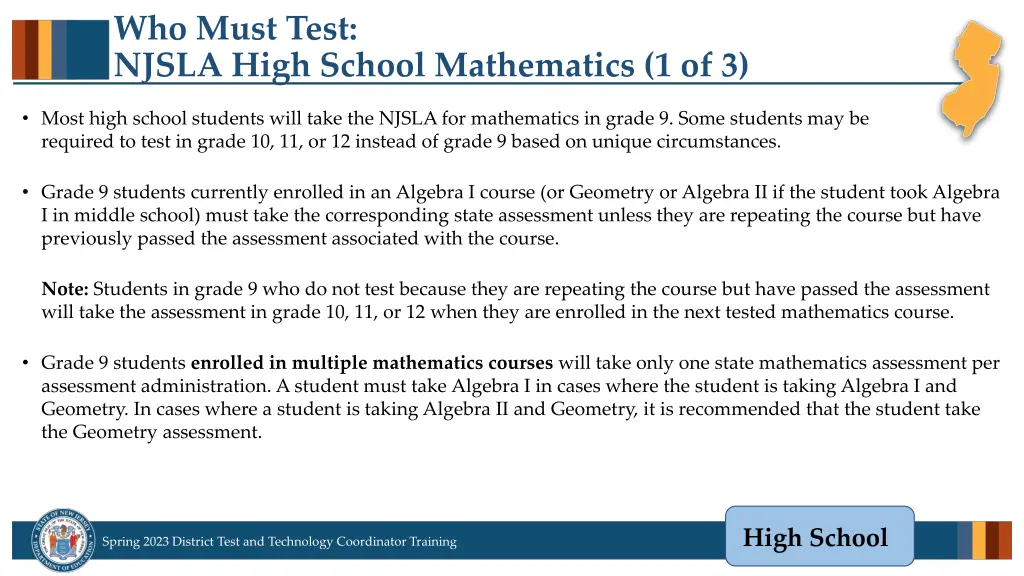 who must test njsla high school mathematics 1 of 3