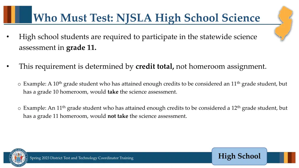 who must test njsla high school science