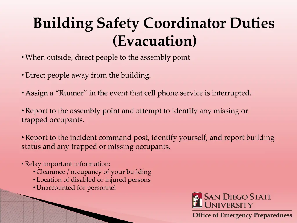 building safety coordinator duties evacuation 1