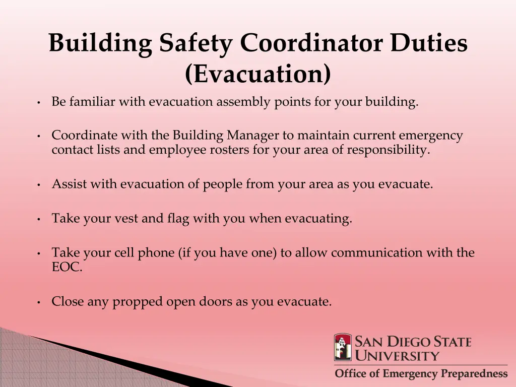 building safety coordinator duties evacuation