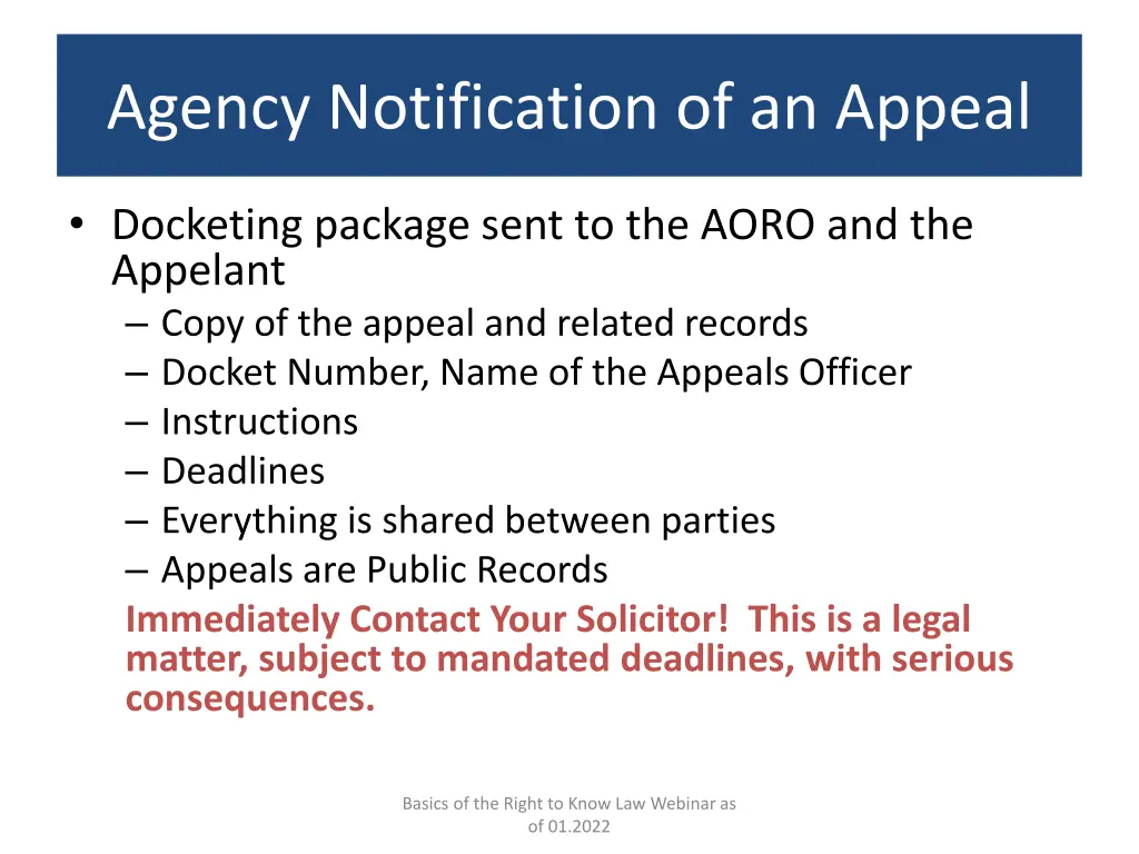 agency notification of an appeal