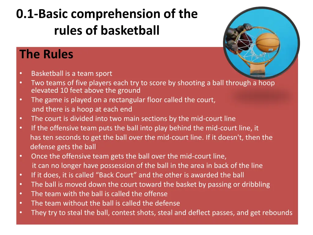 0 1 basic comprehension of the rules of basketball