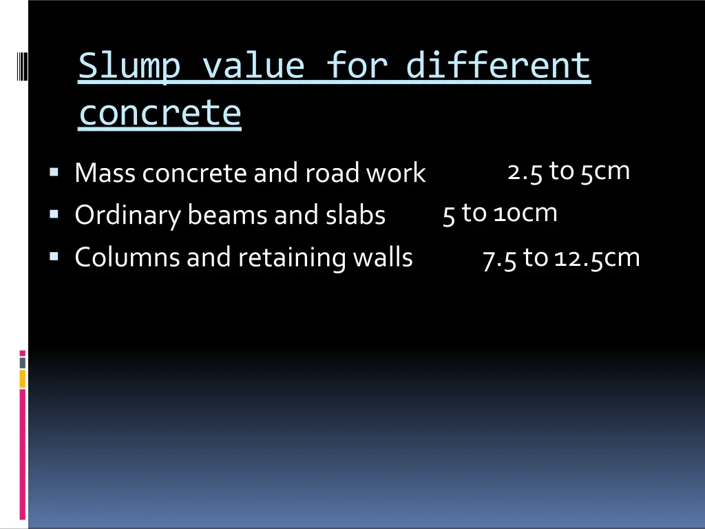 slump value for different concrete