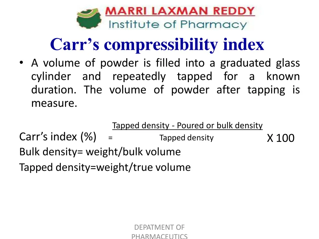 carr s compressibility index a volume of powder