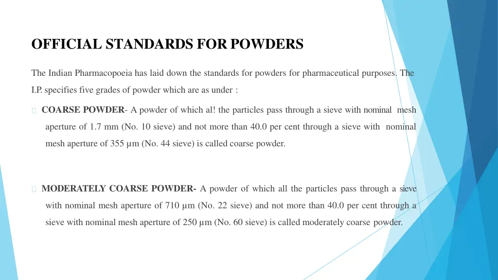 official standards for powders