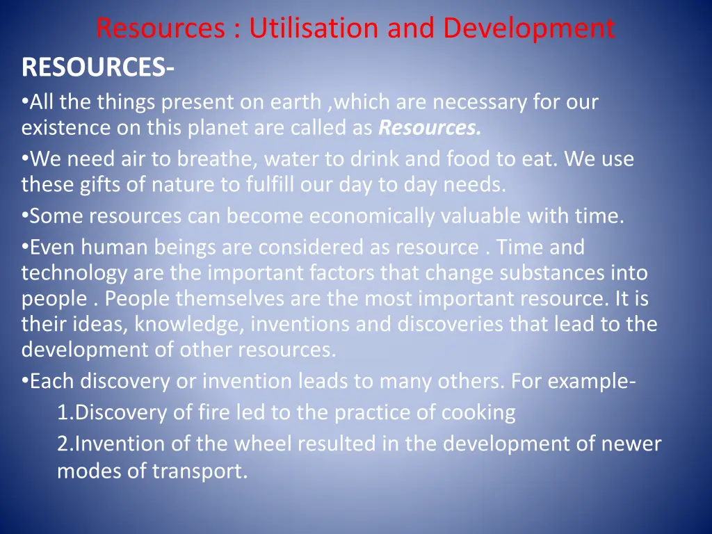 resources utilisation and development resources