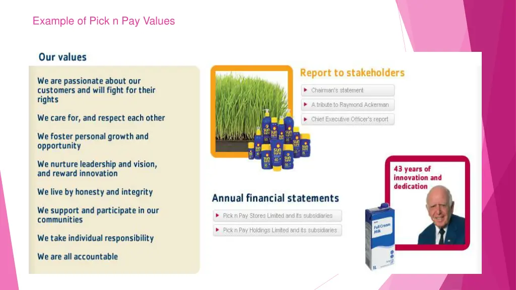 example of pick n pay values