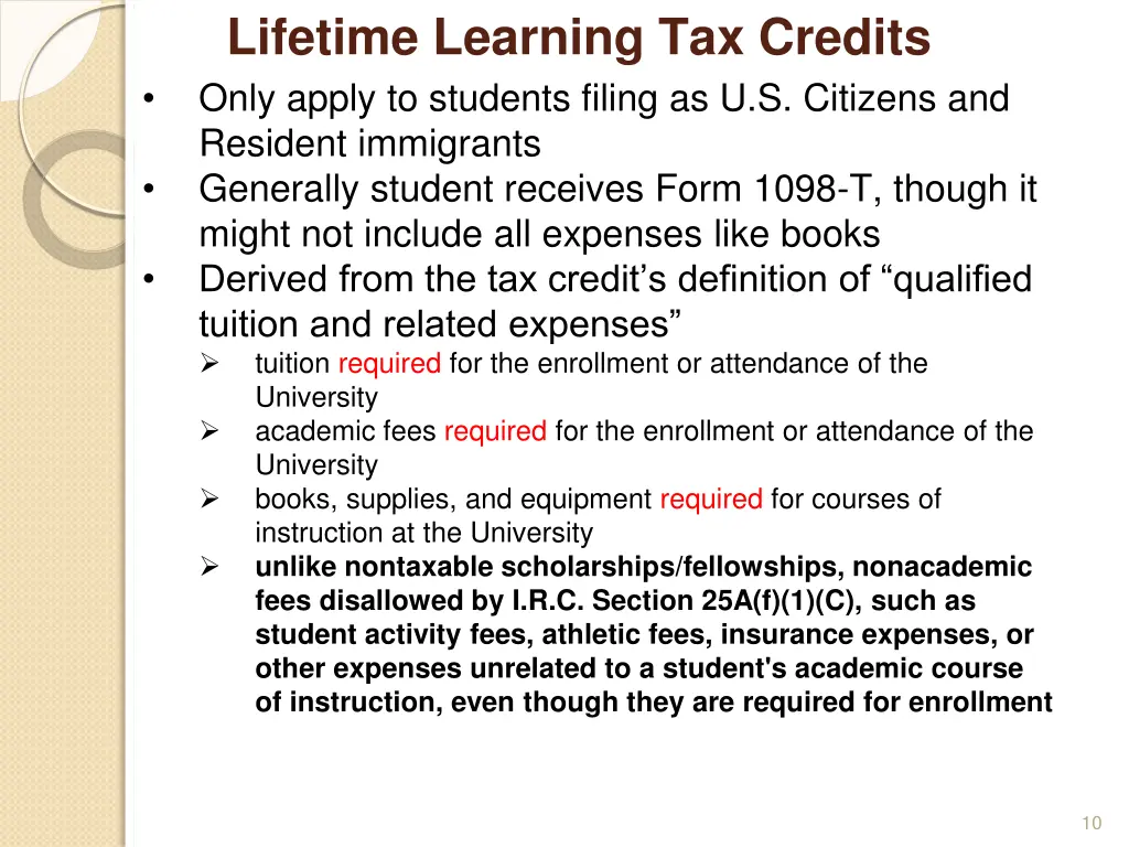 lifetime learning tax credits only apply