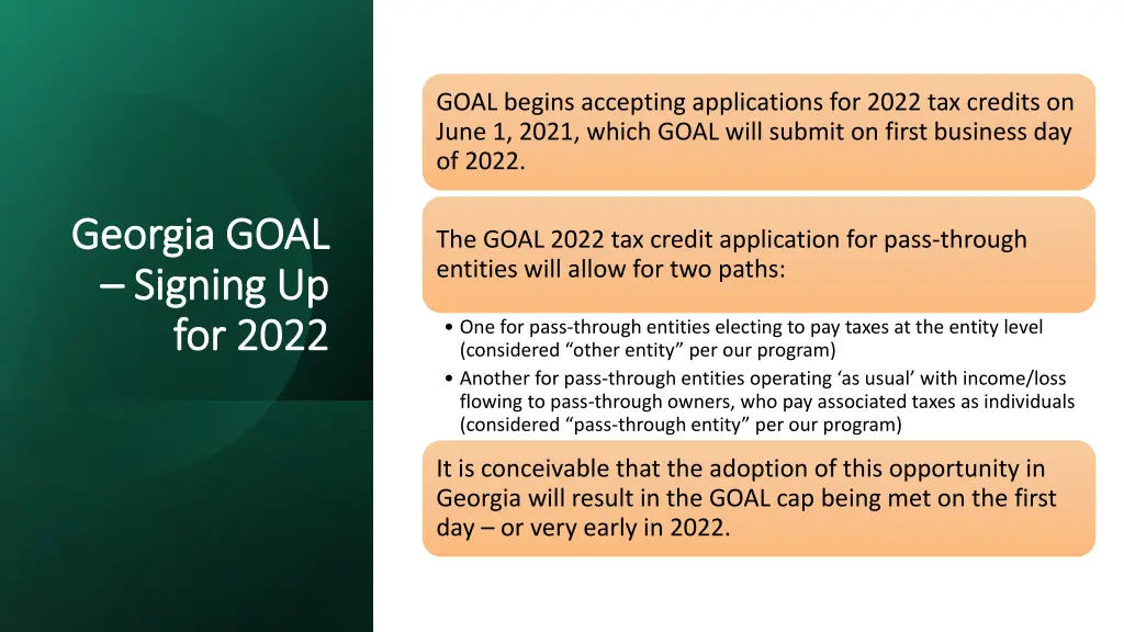 goal begins accepting applications for 2022