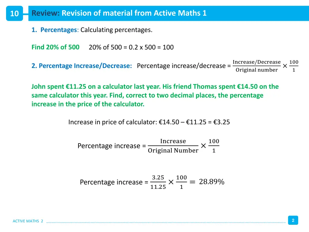 review revision of material from active maths 1