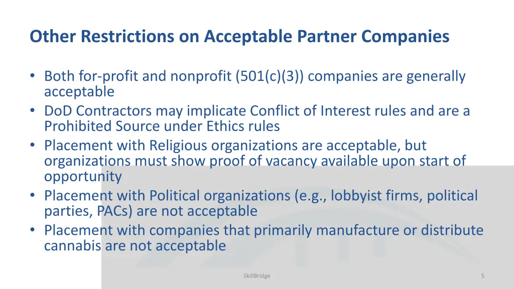 other restrictions on acceptable partner companies