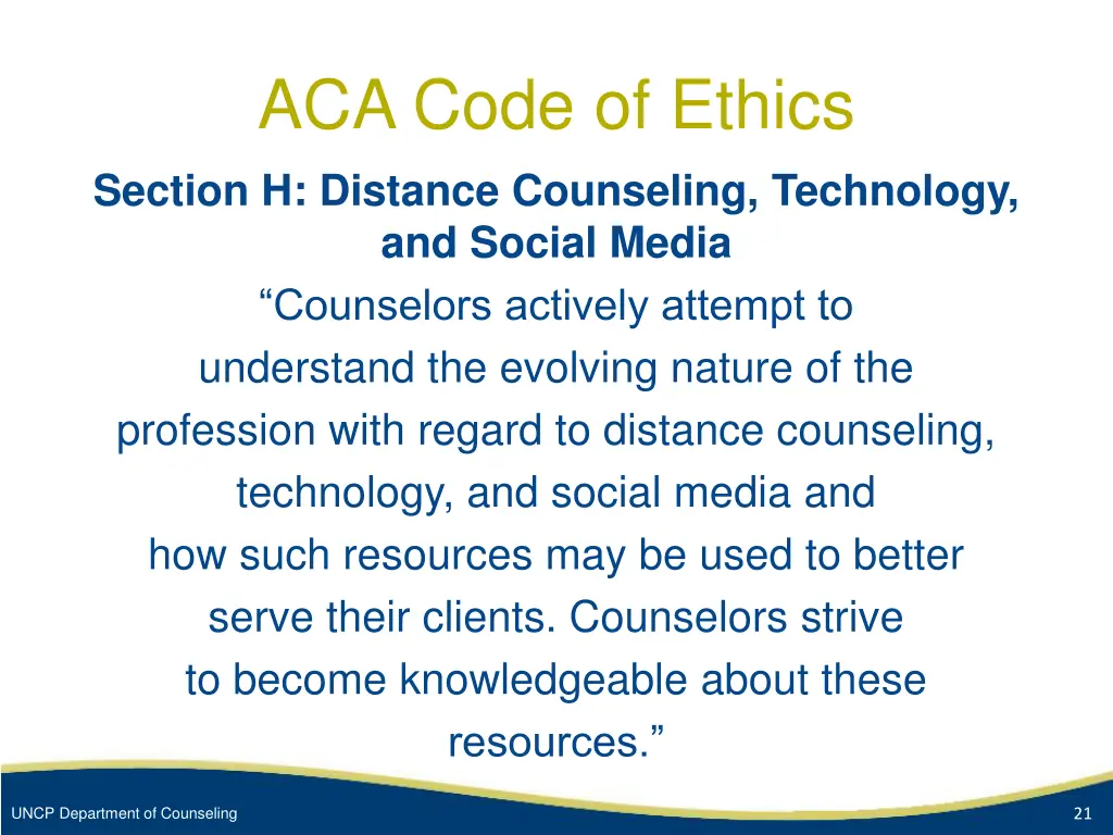 aca code of ethics section h distance counseling