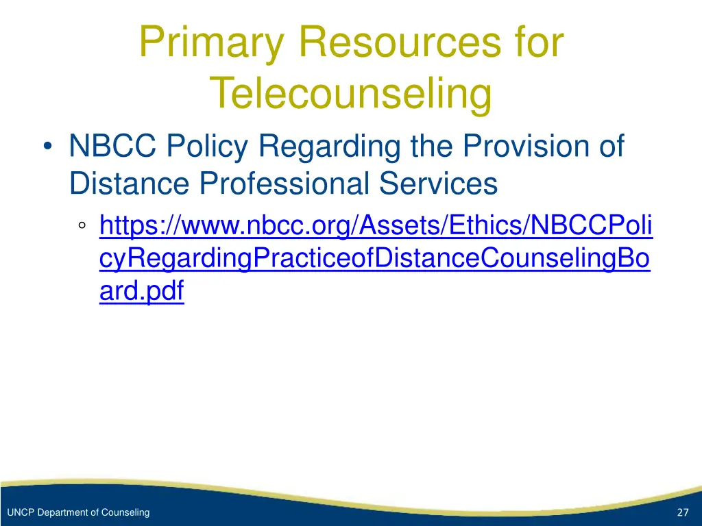 primary resources for telecounseling nbcc policy