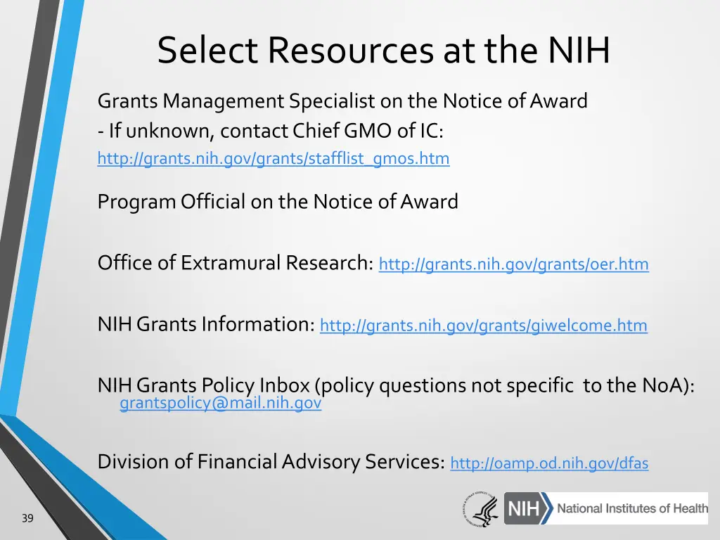 select resources at the nih