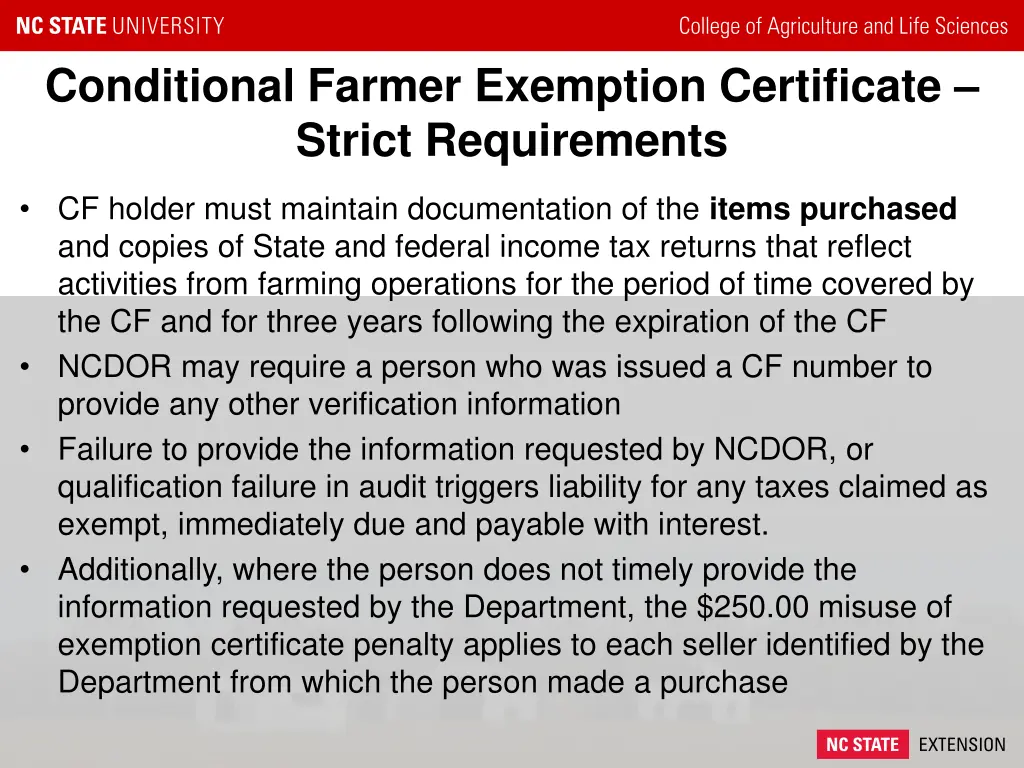 conditional farmer exemption certificate strict