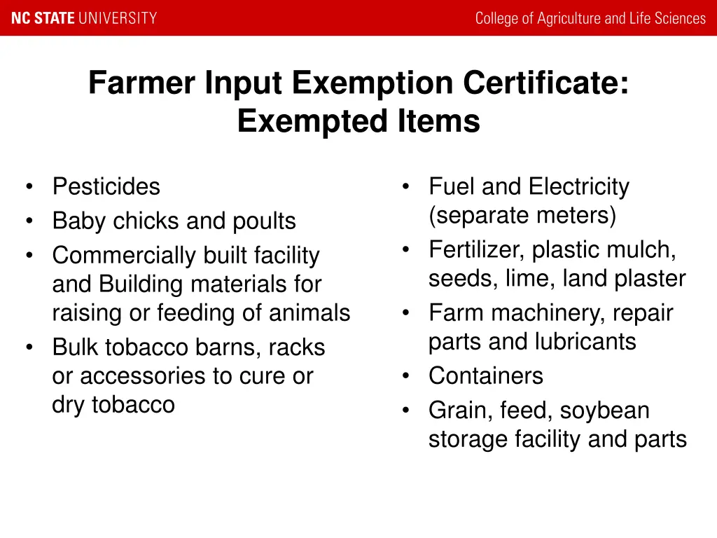 farmer input exemption certificate exempted items