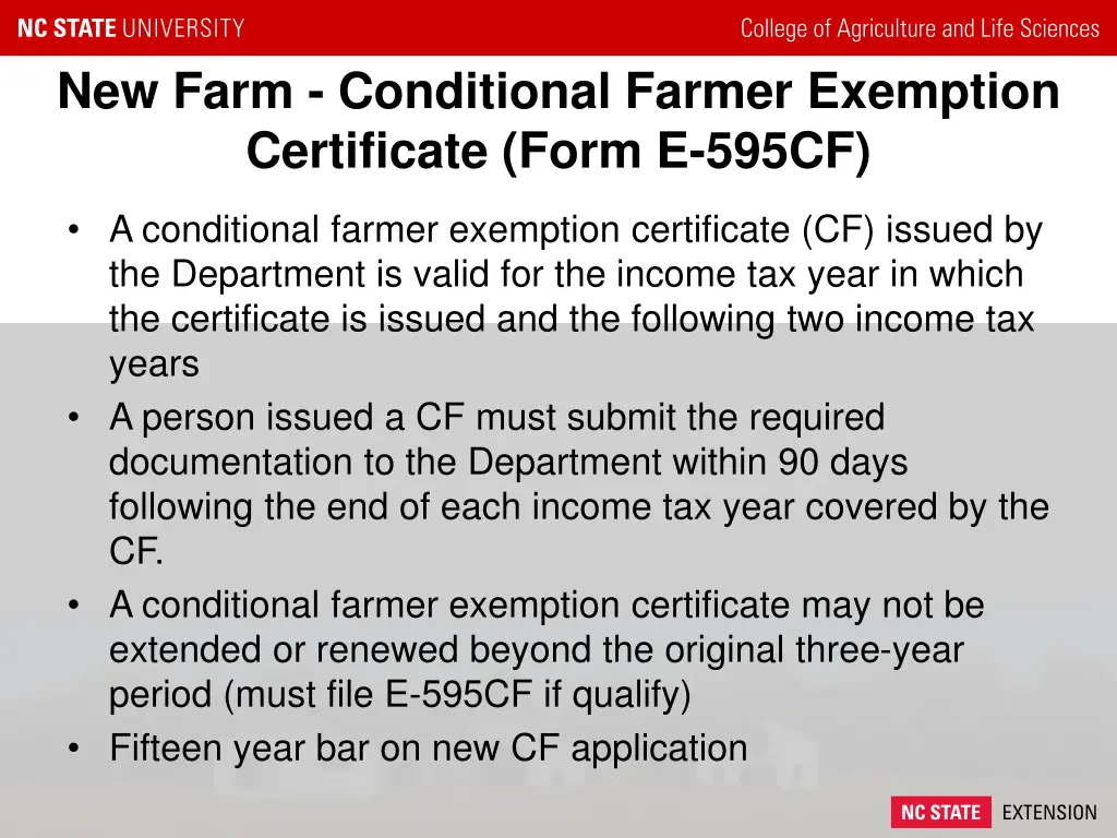 new farm conditional farmer exemption certificate