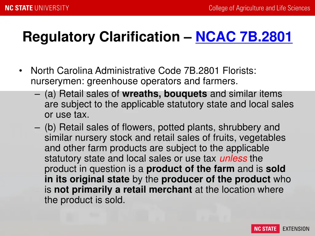 regulatory clarification ncac 7b 2801