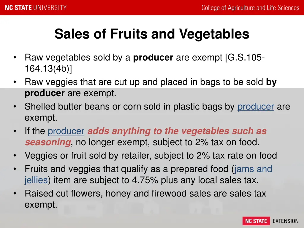 sales of fruits and vegetables