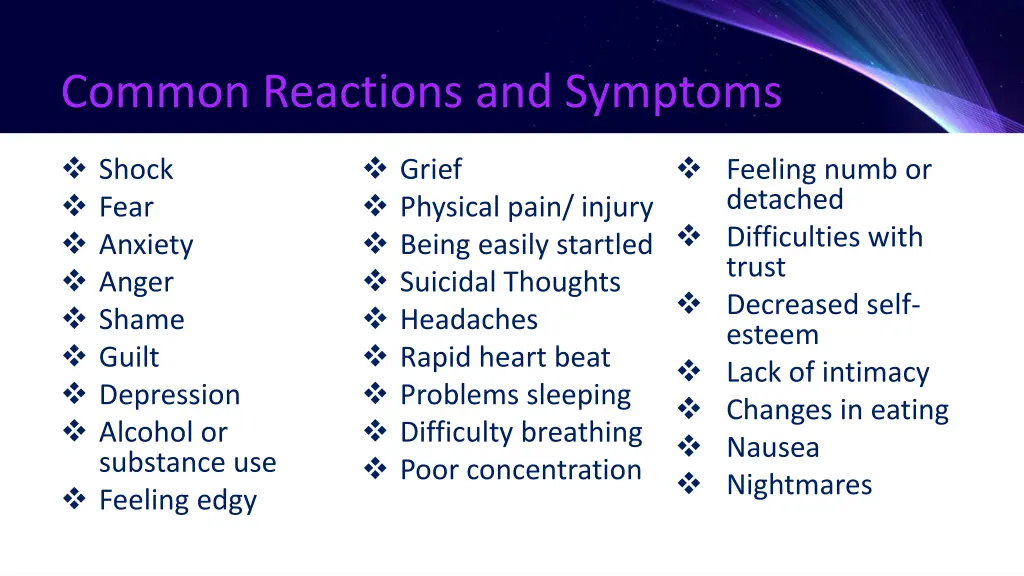 common reactions and symptoms