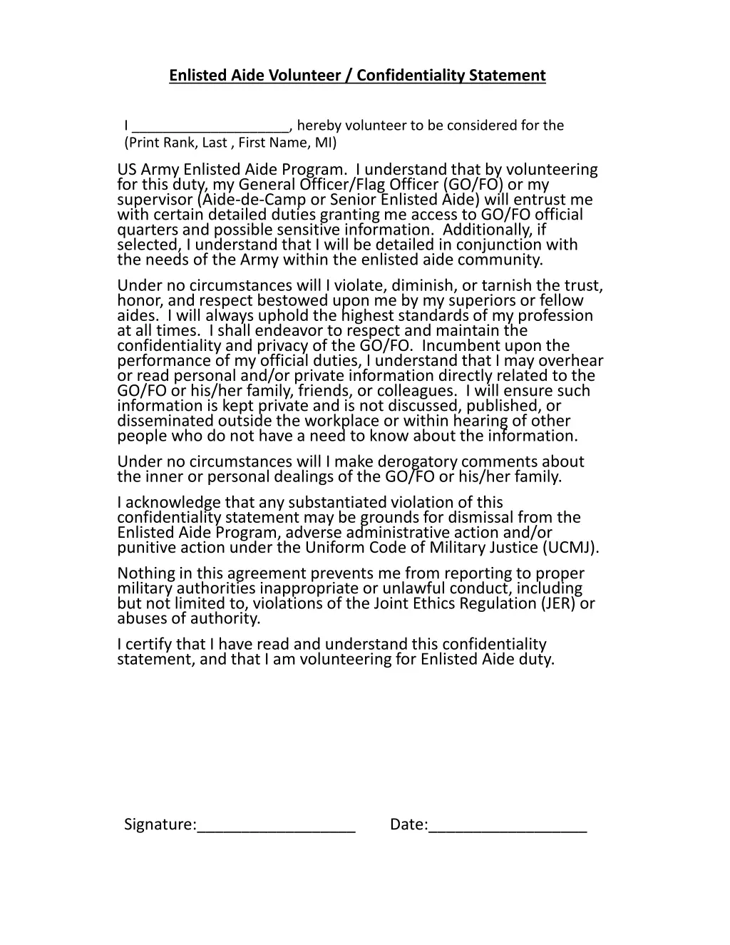 enlisted aide volunteer confidentiality statement