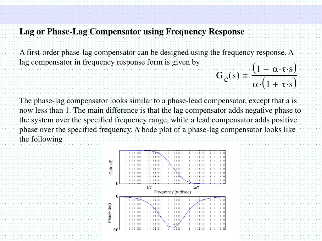 lag or phase lag compensator using frequency