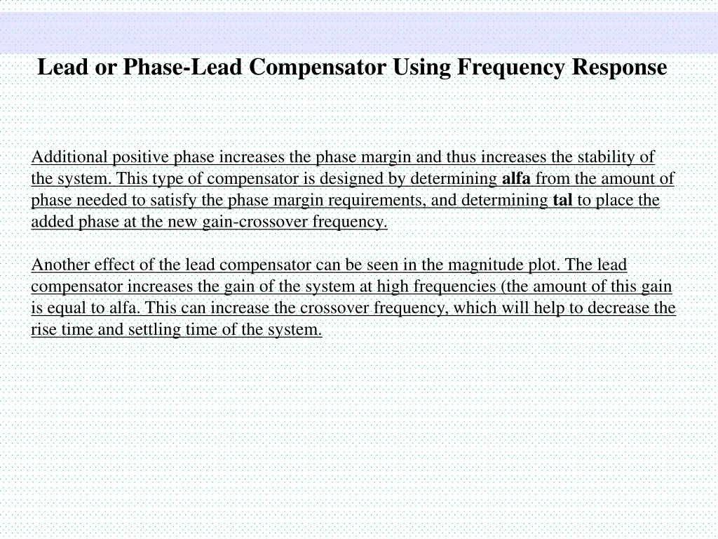 lead or phase lead compensator using frequency 1