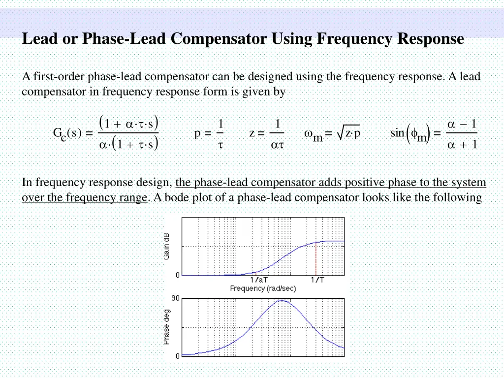 lead or phase lead compensator using frequency