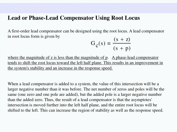 lead or phase lead compensator using root locus