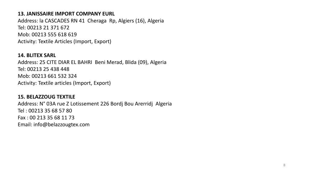 13 janissaire import company eurl address