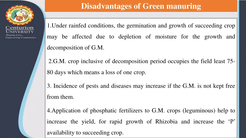 disadvantages of green manuring