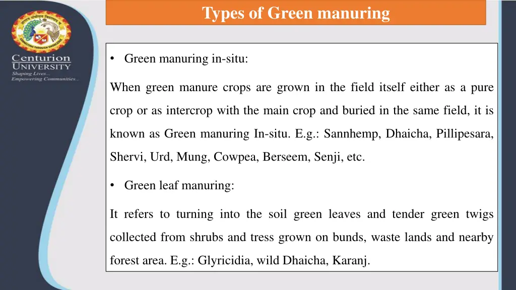 types of green manuring