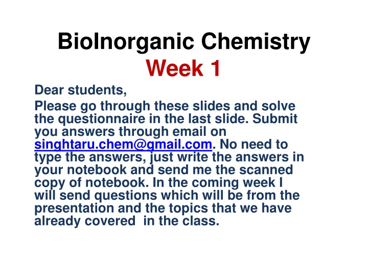 bioinorganic chemistry week 1 dear students