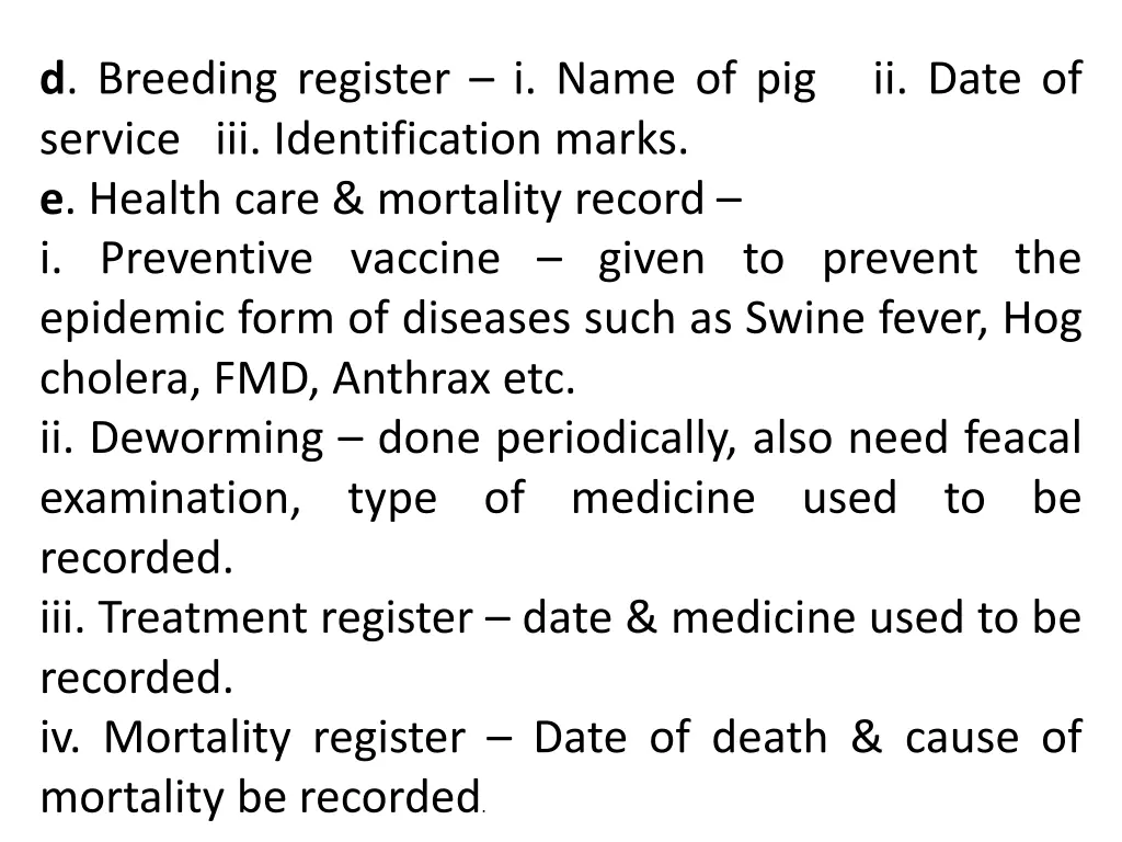 d breeding register i name of pig ii date