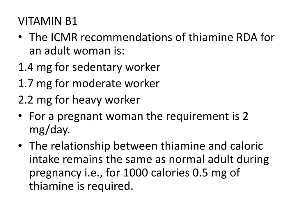 vitamin b1 the icmr recommendations of thiamine