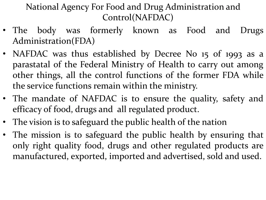 national agency for food and drug administration