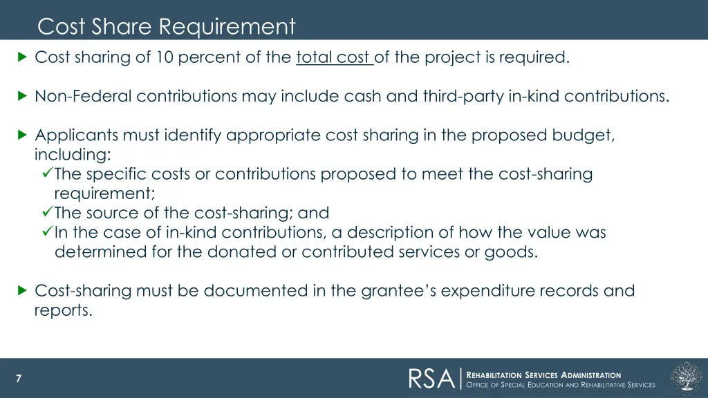 cost share requirement cost sharing of 10 percent