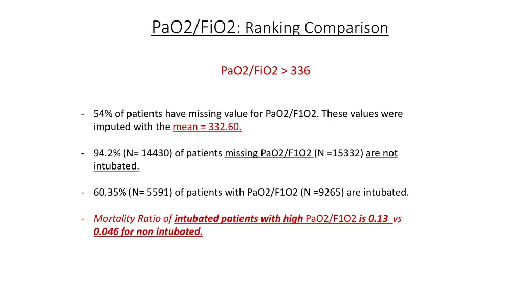 pao2 fio2 ranking comparison