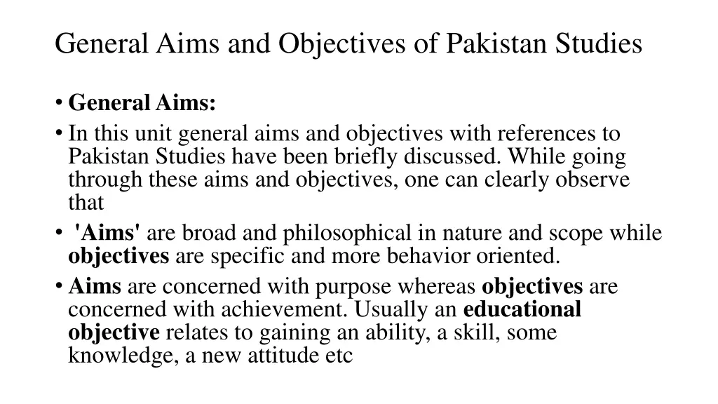 general aims and objectives of pakistan studies